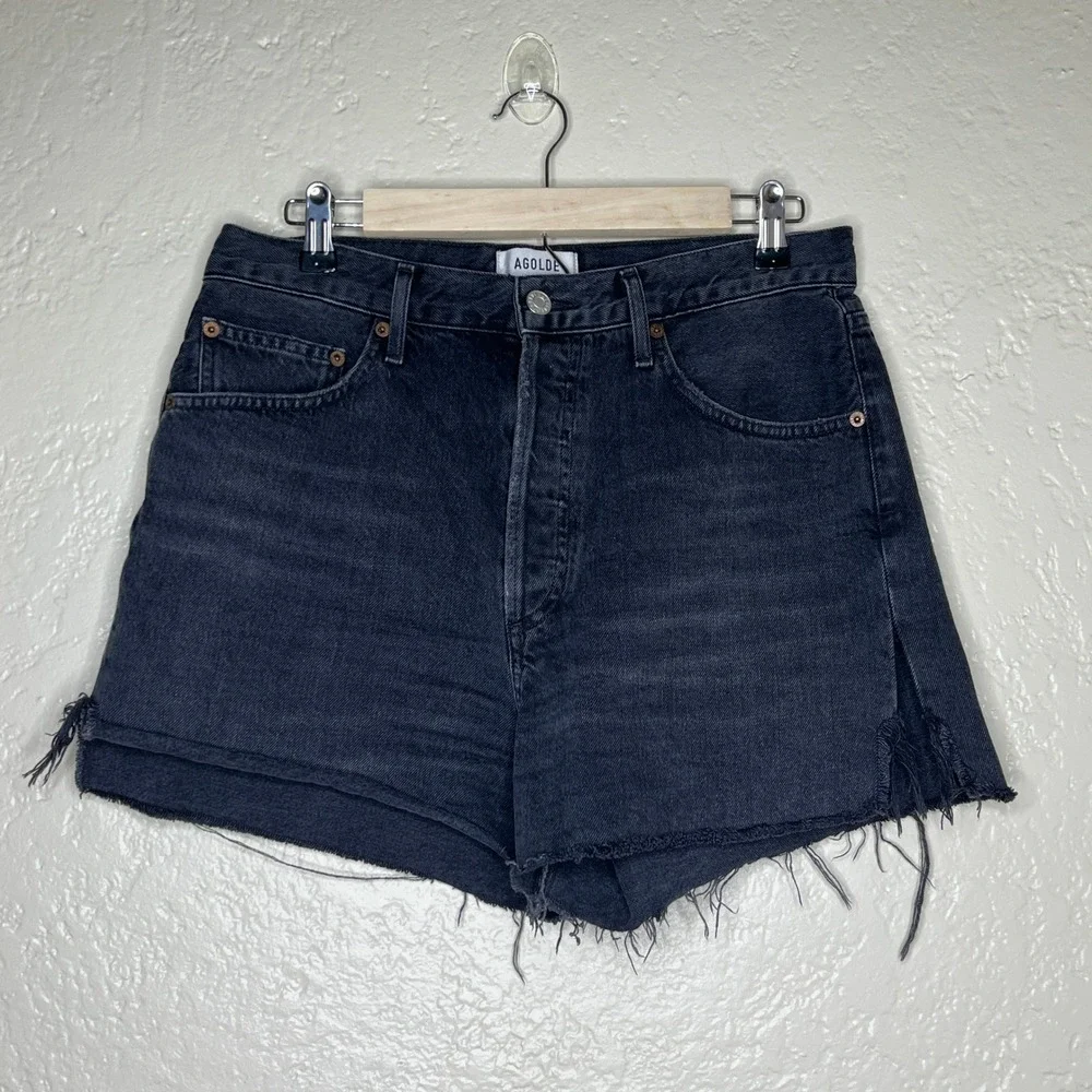 AGOLDE Dee High Rise Denim Shorts Washed Black Raw Hem 30 A083-1157